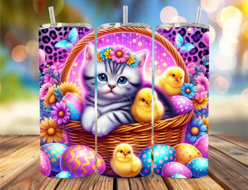 Adorable Striped Easter Kitten with Chicks Tumbler