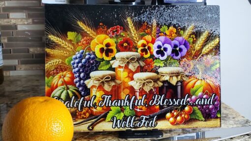 🍂 “Grateful, Thankful, Blessed...and Well Fed” – Fall Harvest Glass Cutting Board