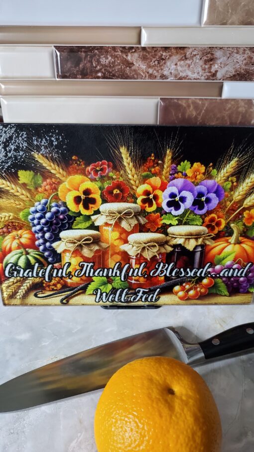 🍂 “Grateful, Thankful, Blessed...and Well Fed” – Fall Harvest Glass Cutting Board - Image 3