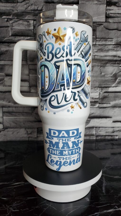 40 oz “Best Dad Ever” Tumbler – Father’s Day Gift with Tools, Stars, & Legendary Quote
