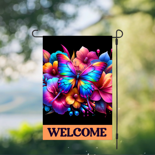 Neon Butterfly and Hibiscus Welcome Garden Flag
