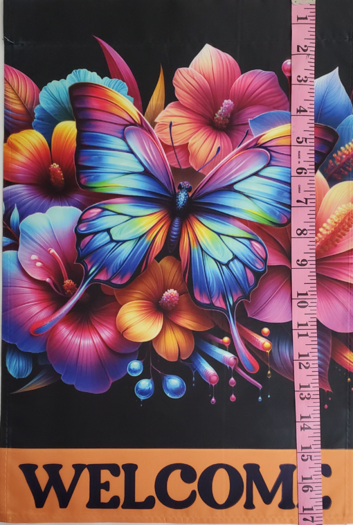 Neon Butterfly and Hibiscus Welcome Garden Flag - Image 3