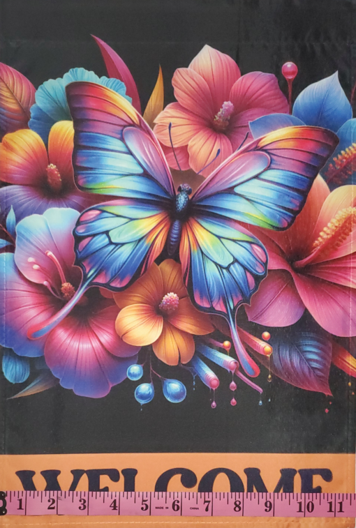 Neon Butterfly and Hibiscus Welcome Garden Flag - Image 4